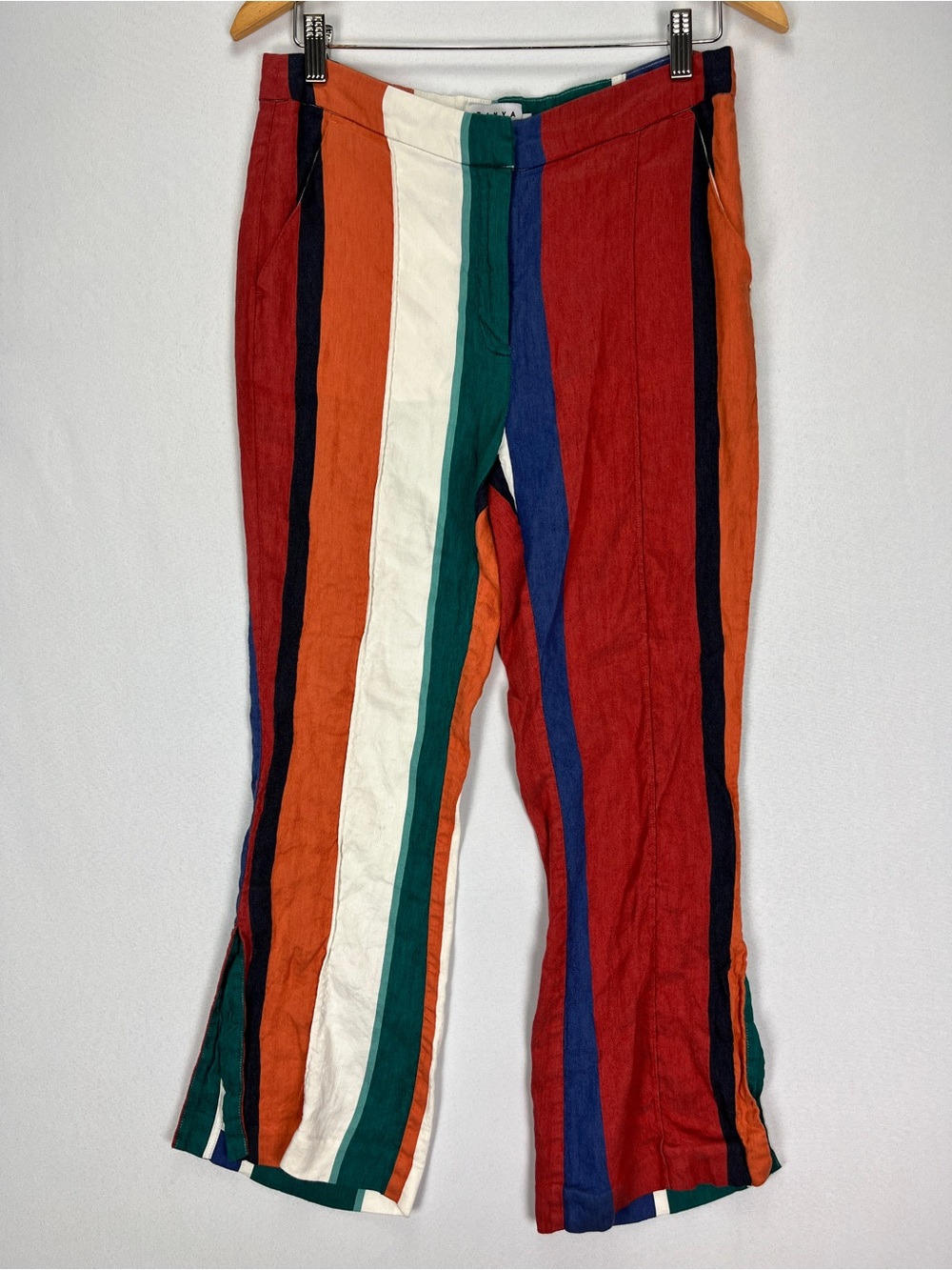 Tanya Taylor Linen Pants Women Size 10 Multi-Color Stripe Bootcut Leg Split Hem